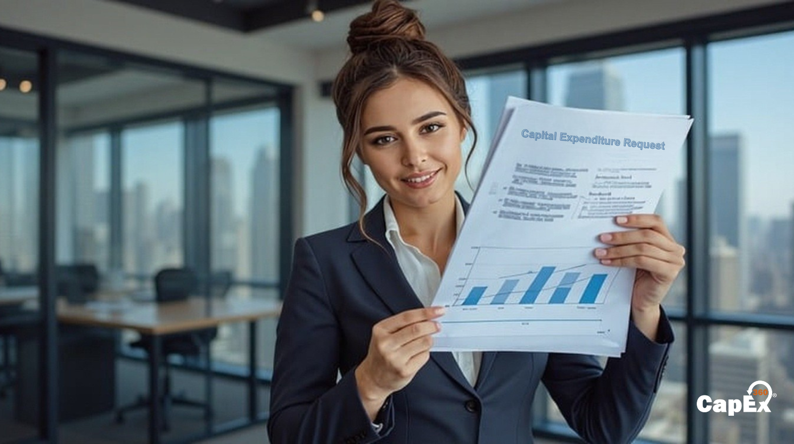 Business professional in a modern office holding a printed Capital Expenditure (CapEx) Request document with growth charts, symbolizing data-driven investment approvals – Caprivi Solutions.