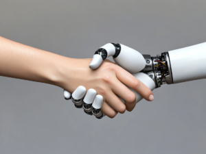 CapEx discipline in an AI-driven world illustrated by a human and robotic hand handshake