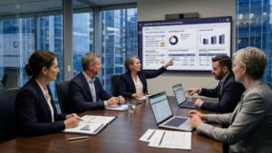 Finance leaders reviewing capital portfolio performance and CapEx execution visibility in a modern boardroom